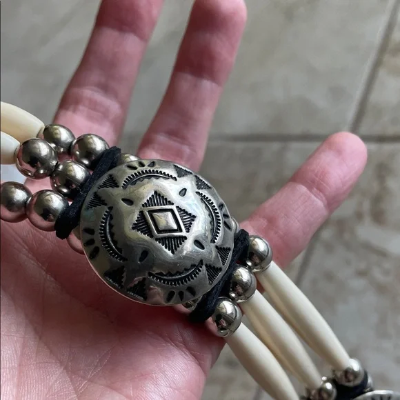 Concho Real leather Western Style Black Cream Belt Silver faux bone festival - Picture 2 of 16